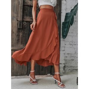 Solid minimalist Wrap Hem Tie Side high low midi skirt rust brown orange